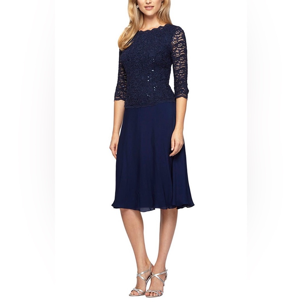 ALEX EVENINGS Tea-Length Dress with Sequin Lace Bodice & Chiffon Skirt Navy Sz14